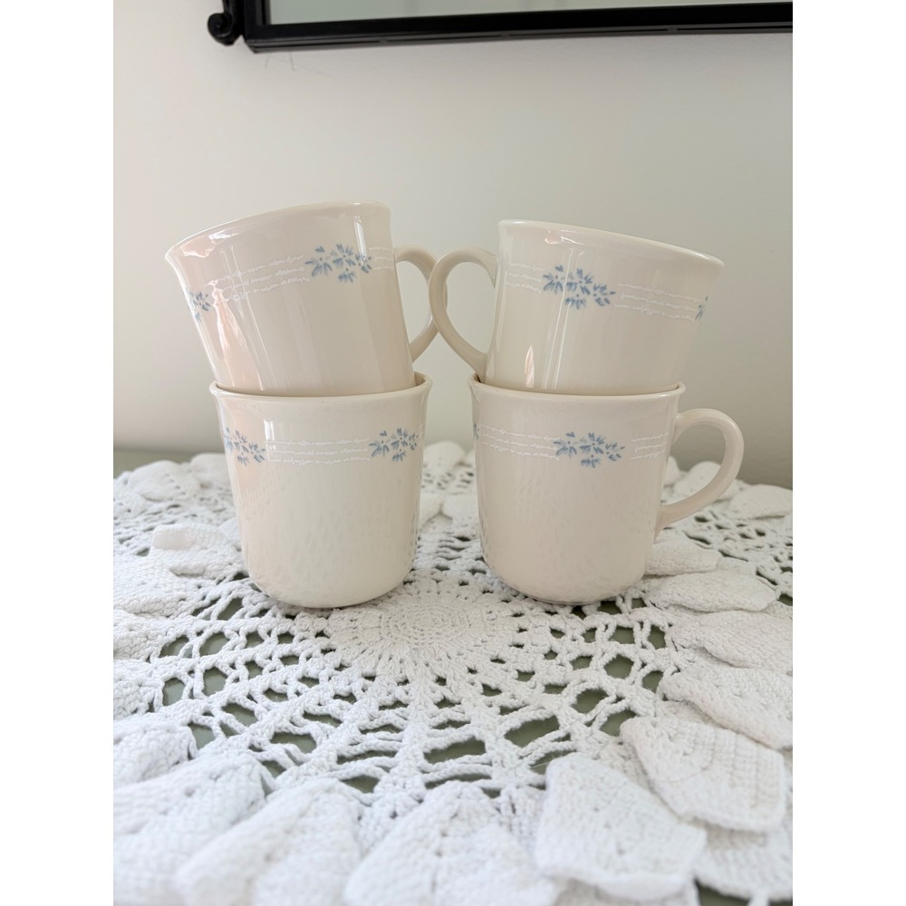 Vintage Corning Corelle Lace Bouquet Coffee Mugs Set of 4 | Blue Floral Mugs